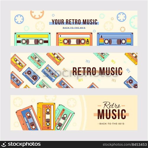 Creative banner designs with compact cassettes. Vivid brochures with vintage tape records. Retro music and audio equipment concept. Template for poster, promotion or web design