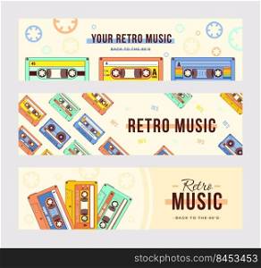 Creative banner designs with compact cassettes. Vivid brochures with vintage tape records. Retro music and audio equipment concept. Template for poster, promotion or web design