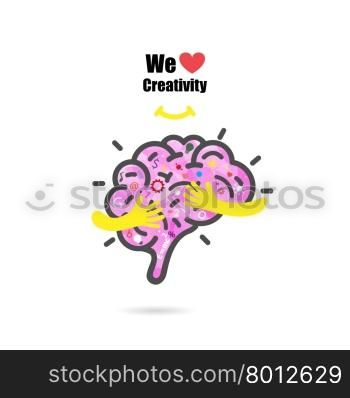 Creative brain logo design vector template with small hand.Education and business logotype concept.Vector illustration