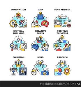 Creative Brain Set Icons Vector Illustrations. Creative Brain And Motivation, Positive And Critical Thinking, Find Answer And Solution Problem, Mind And Business Idea Color Illustrations. Creative Brain Set Icons Vector Illustrations