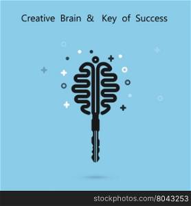 Creative brain sign with key symbol. Key of success concept.Inspiration or innovation idea.Key and brain logo design.Business and education idea concept.Vector illustration.