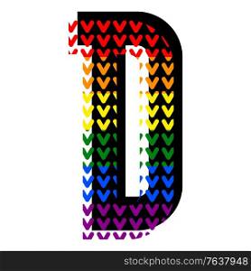 Creative bright font, alphabet in style of pop art, vector letter D high detail with LGBT pattern.