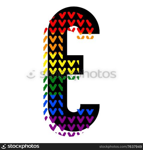 Creative bright font, alphabet in style of pop art, vector letter E high detail with LGBT pattern.