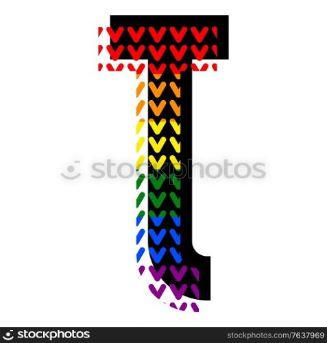 Creative bright font, alphabet in style of pop art, vector letter T high detail with LGBT pattern.
