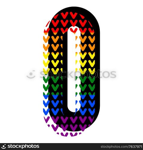 Creative bright font, alphabet in style of pop art, vector number 0 high detail with LGBT pattern.
