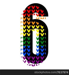 Creative bright font, alphabet in style of pop art, vector number 6 high detail with LGBT pattern.