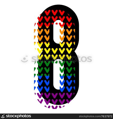 Creative bright font, alphabet in style of pop art, vector number 8 high detail with LGBT pattern.