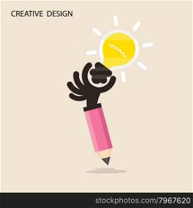 Creative bulb light idea and pencil hand icon,flat design.Concept of ideas inspiration, innovation, invention, effective thinking. Business ,knowledge and education concept.Vector illustration