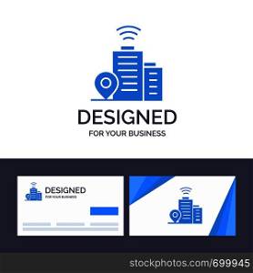 Creative Business Card and Logo template Building, Wifi, Location Vector Illustration