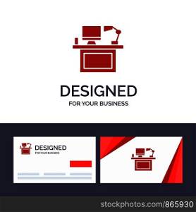 Creative Business Card and Logo template Computer, Desk, Desktop, Monitor, Office, Place, Table Vector Illustration