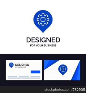 Creative Business Card and Logo template Gear, Setting, Location, Map Vector Illustration