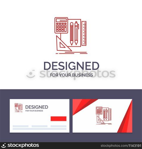 Creative Business Card and Logo template Stationary, Book, Calculator, Pen Vector Illustration