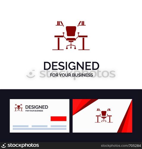 Creative Business Card and Logo template Table, Business, Chair, Computer, Desk, Office, Workplace Vector Illustration