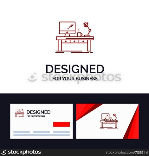 Creative Business Card and Logo template Workplace, Business, Computer, Desk, Lamp, Office, Table Vector Illustration