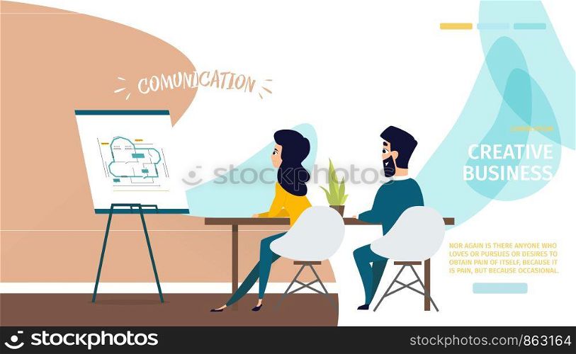 Creative Business Cartoon Vector Web Banner with Female and Male Architects, Construction Company Employees Characters Working on House Drawing Illustration. Innovative Startup Landing Page Template