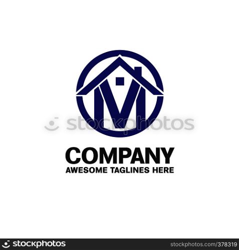 creative business logo design template with letter M circle and house.