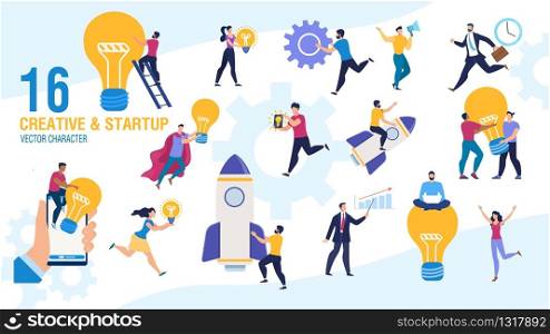 Creative Business People Launching Startup Trendy Flat Vector Characters Set. Businesspeople Female, Male Characters Generating Ideas, Starting Successful Business, Making Inventions Illustration