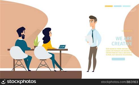 Creative Business Team Cartoon Vector Web Banner with Company Employees, Young Entrepreneurs Working Together, Conducting Meeting in Office Illustration. Educational Courses Landing Page Template