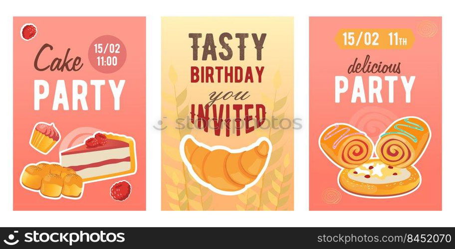 Creative cake holiday invitation designs with farinaceous food. Trendy birthday party invitations with sweet cakes. Pastry and confectionery concept. Template for leaflet, banner or flyer