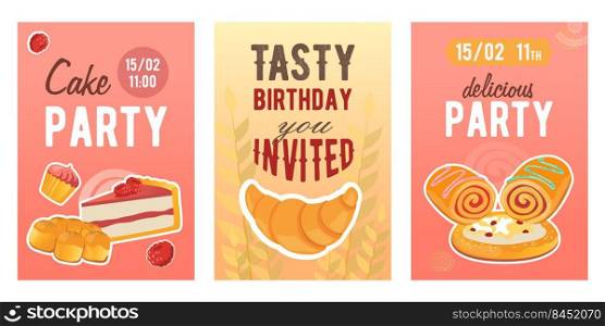 Creative cake holiday invitation designs with farinaceous food. Trendy birthday party invitations with sweet cakes. Pastry and confectionery concept. Template for leaflet, banner or flyer