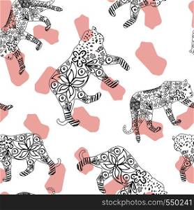 Creative cartoon hand drawn tiger and leopard in ink flowers seamless repeat pattern on white spotted background