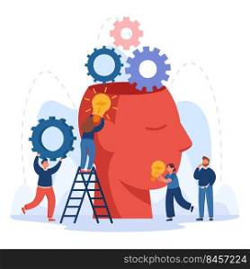 Creative characters putting idea bulbs into huge head. Office people brainstorming, doing research together, innovation flat vector illustration. Imagination, community, teamwork, education concept