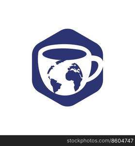 Creative Coffee cup with globe map vector logo design template.	