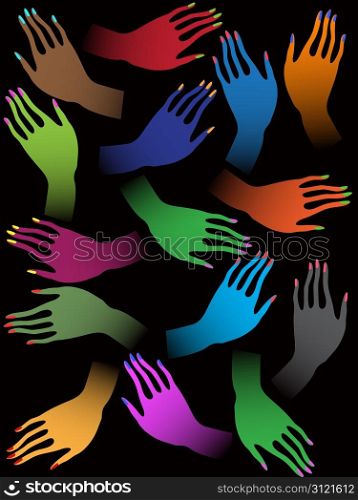 Creative colorful female hands on black background
