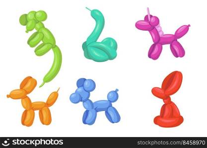 Creative colorful helium balloon animals flat illustration set. Cartoon cute latex dog, monkey, snake, horse isolated vector illustration collection. Holiday celebration and party concept
