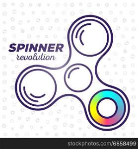 Creative concept of fidget spinner with colorful ring. Vector illustration of toy for improvement of attention span with text on white pattern background. Thin line art design of hand spinner for web, site, banner, game presentation