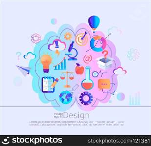 Creative concept of knowledges in our mind.. Creative infographic concept of different knowledges in our mind. Different signs and symbols in our head after education. Color division into the left and right half of the brain.Vector illustration.