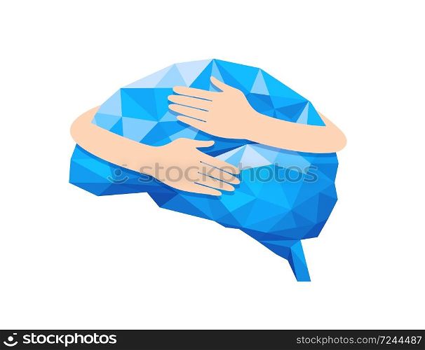 Creative concept of the human brain consists of blue polygons with hands. Embrace internal organs. Icon design. Health care concept. Illustration on white background.