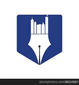 Creative concept with pen and city skyline logo design. Commercial buildings construction symbol.	