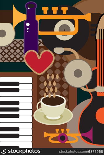 Creative conceptual music festival vector. Musical instruments and coffee.