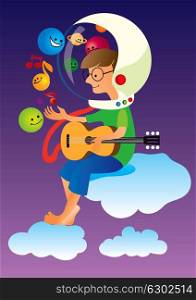Creative conceptual vector. Boy playing guitar in spaceman suit.