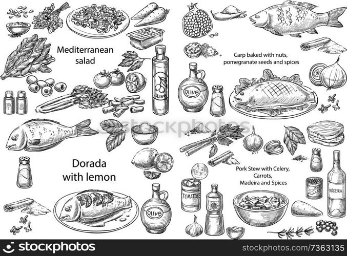 Creative conceptual vector set. Sketch hand drawn different mediterranean dishes salad chicken fish pork stew vegetables seafood illustration, engraving, ink, line art, vector.