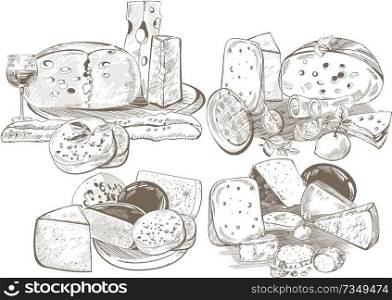 Creative conceptual vector set. Sketch hand drawn different sorts of cheese wine spices vegetables illustration, engraving, ink, line art, vector.
