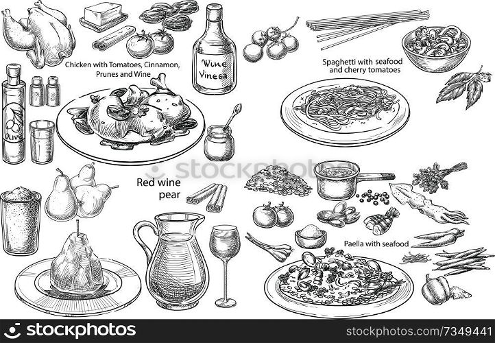 Creative conceptual vector set. Sketch hand drawn set of 4 bestseller Mediterranean dishes pasta chicken wine vegetables seafood illustration, engraving, ink, line art, vector.