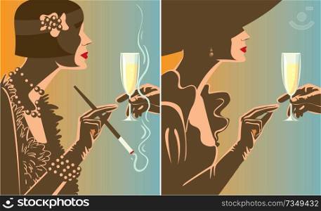 Creative conceptual vector set. Woman with a glass of champagne.