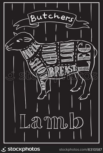 Creative conceptual vector. Sketch hand drawn lamb meat at butchers shop recipe illustration, chalk, ink, line art, vector.