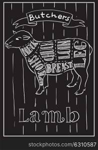 Creative conceptual vector. Sketch hand drawn lamb meat at butchers shop recipe illustration, chalk, ink, line art, vector.