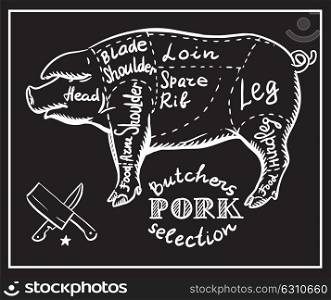 Creative conceptual vector. Sketch hand drawn pork meat at butchers shop recipe illustration, chalk, ink, line art, vector.