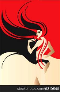 Creative conceptual vector. Woman standing in black red background.