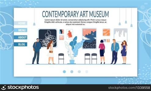 Creative Contemporary Art Museum Responsive Landing Page Layout. Booking Tickets and Cultural Tour to Gallery. Blog and Studio Departments Description for Potential Visitors. Vector Illustration