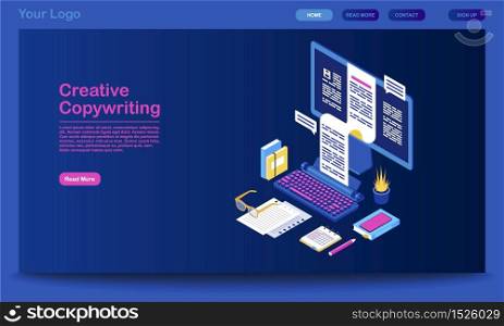 Creative copywriting landing page vector template. Content writing website interface idea with flat illustrations. Digital marketing tool, blogging homepage layout. Web banner, webpage cartoon concept