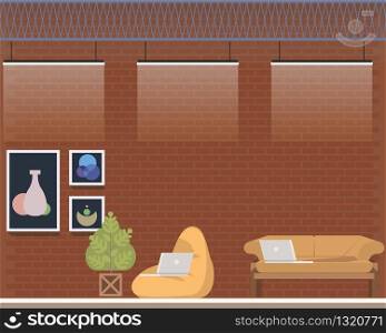 Creative Coworking Center Studio Interior Design. Comfortable Office. Shared Workplace for Freelancer with Beanbag Chair, Sofa, Laptop. Informal Place for Work. Flat Cartoon Vector Illustration. Creative Coworking Center Studio Interior Design