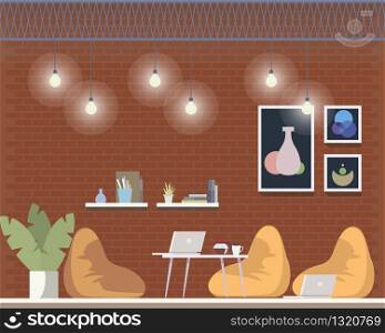 Creative Coworking Freelance Area Interior Design. Comfortable Shared Open Workplace for Freelancer with Beanbag Chair. Laptop on Floor. Informal Office. Flat Cartoon Vector Illustration. Creative Coworking Freelance Area Interior Design