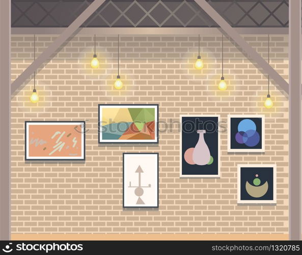Creative Coworking Open Space Business Studio. Workspace Freelance Company for Work and Study. Shared Workplace with Picture on Brick Wall ang Lamp Light. Flat Cartoon Vector Illustration. Creative Coworking Open Space Business Studio
