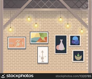 Creative Coworking Open Space Business Studio. Workspace Freelance Company for Work and Study. Shared Workplace with Picture on Brick Wall ang Lamp Light. Flat Cartoon Vector Illustration. Creative Coworking Open Space Business Studio