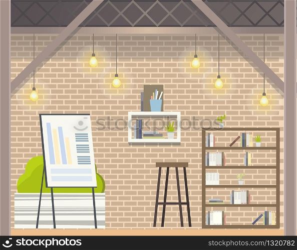 Creative Coworking Open Space Modern Office Design. Shared Workplace Area with Book Self, Flip Board for Presentation with Diagram, Bar Stool for Freelancer. Flat Cartoon Vector Illustration. Creative Coworking Open Space Modern Office Design